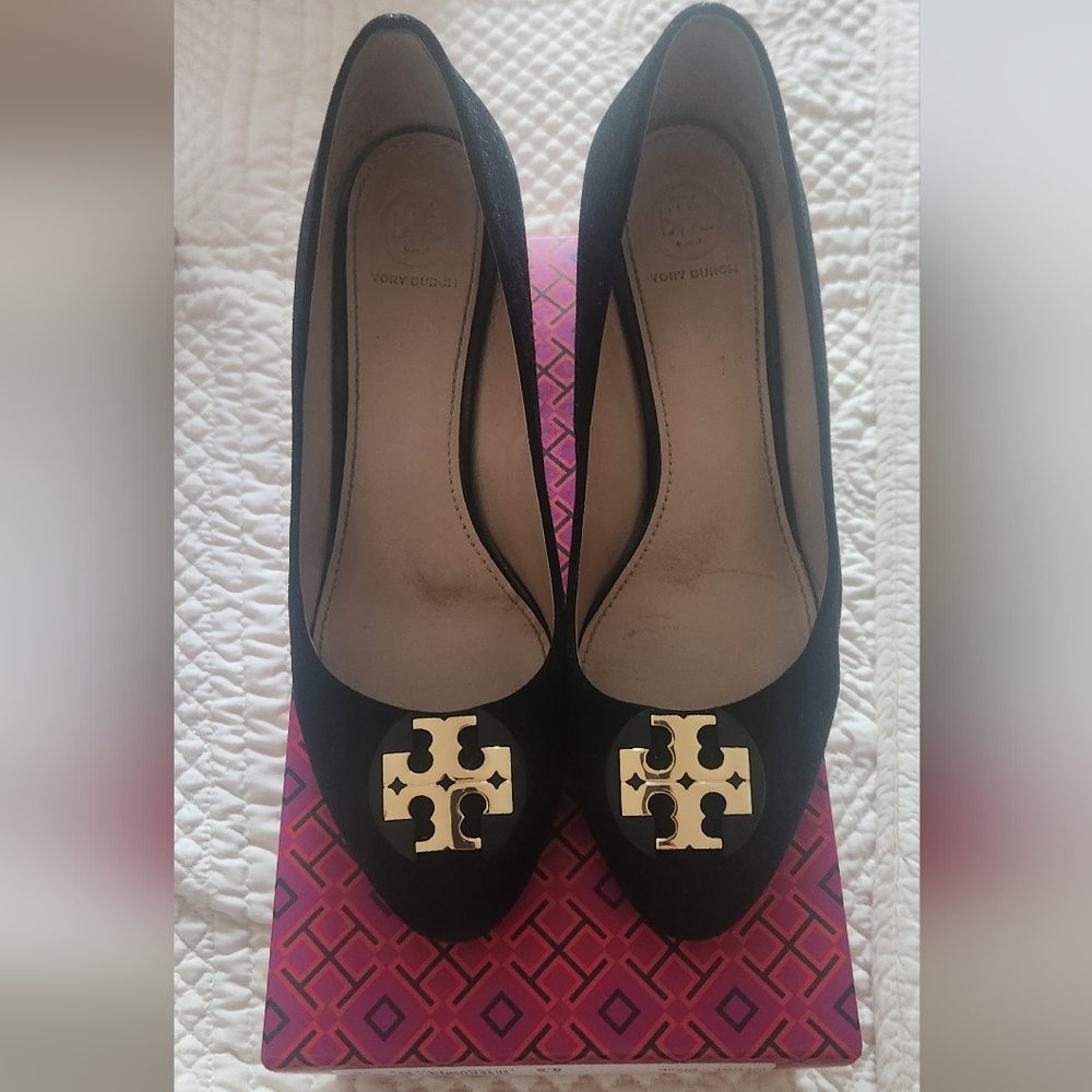 Tory Burch Black Wedges with Gold Logo